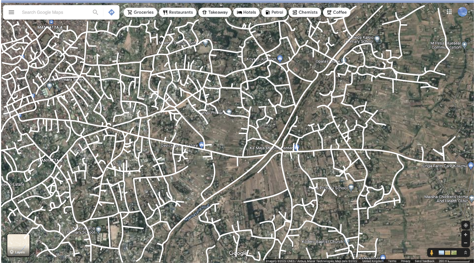 satellite map of kenyan village with illustrated lines 
