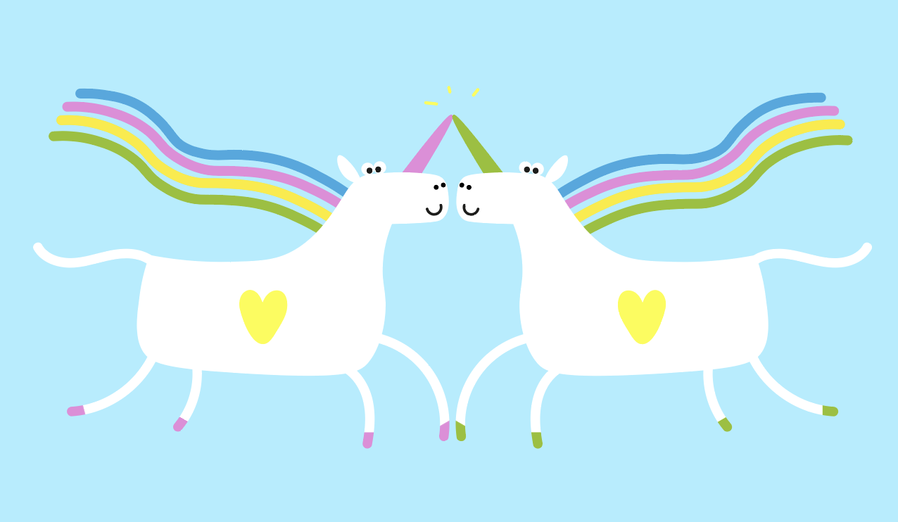 illustrated unicorns with bright colours, touching horns